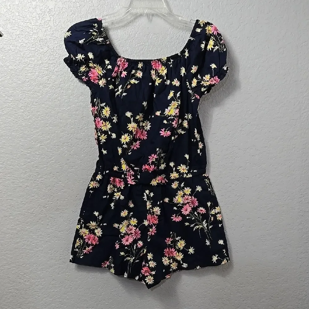Gap Girls Floral Puff Sleeve Chambray Romper XL 14/16 Navy Bow Pockets Summer
